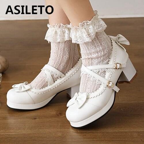 ASILETO New 2021 Pumps Round Toe 5.5cm Block Heels Bowtie Cute Sweet Stylish Buckle Soft Big Size 30-43 Casual Pink B2376