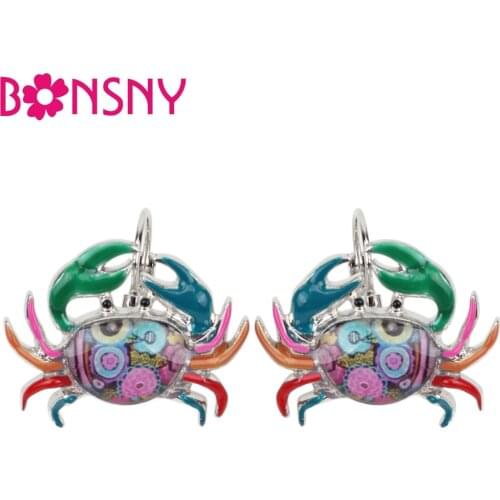Bonsny Ocean Collection Enamel Alloy Crab Stud Drop French Clip Earrings Fashion Animal Jewelry For Girls Women Lady Accessories