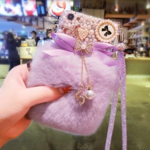 3D Cute Rabbit Hairy Warm Fur Bling Rhinestone Plush Pearl Cover Case For SamsungS6 S7 S8 S9 S10 S20 Plus Lite Note5 8 9 10 20