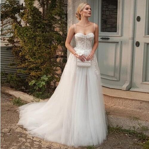 Ivory Lace Tulle Sweetheart Spaghetti Straps A-Line Appliques Wedding Dresses Floor-Length Sleeveless Bridal Gowns Custom Made