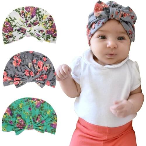 Baby Kids Floral Print Hats Bunny Ear Turbon Knot Caps Baby Girl Bow Beanie Cute Flower Cotton Hat KBH132