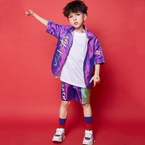 Kids Dance Costumes for Boys Hip Hop Costumes Purple Folk Pattern Children Street Dance Drumming Kids T Stage Costume BL1500