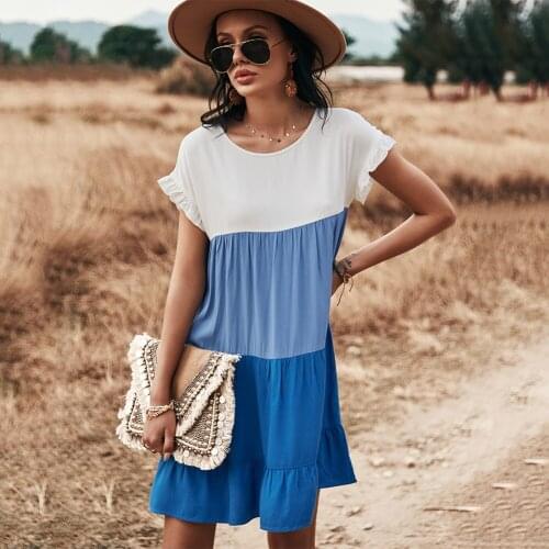 Womens Splicing Dress Round Neck Short Sleeve High Waist Flowy Dress Large Swing for Summer TT@88