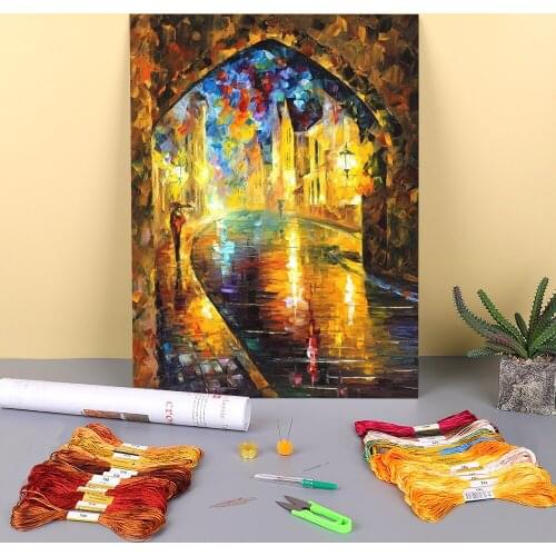 Oil Painting Style Old Town Pre-Printed 11CT Cross-Stitch Complete Kit DIY Embroidery DMC Threads Handmade Adults