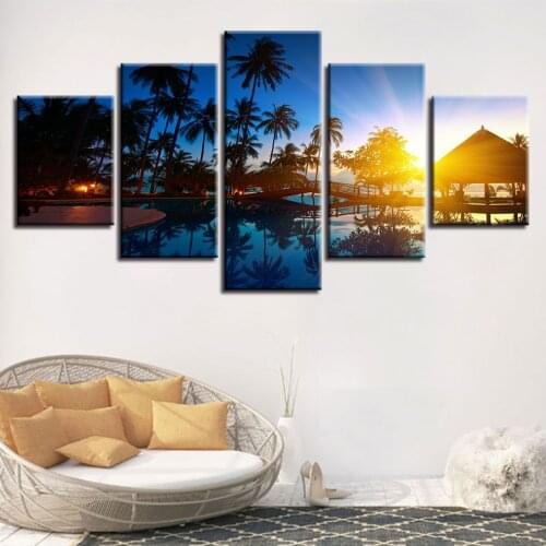 Canvas Paintings Art Printing Decor Bedroom Wall 5 Pieces Palm Trees And House Sunrise Sunshine Seascape Pictures Modular Framed