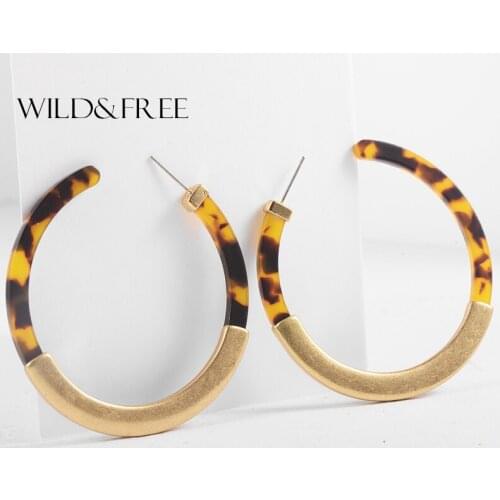 Wild&Free Punk Fashion Acetate Acrylic alloy Earrings Worn Gold Plating Leopard Tortoise Shell Circle Earrings with Metal Bar