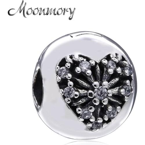 Moonmory Original 925 Sterling Silver Heart Snowflake Clip Beads Fit Women Charms Bracelets Vintage Winter Crystal Clip Beads