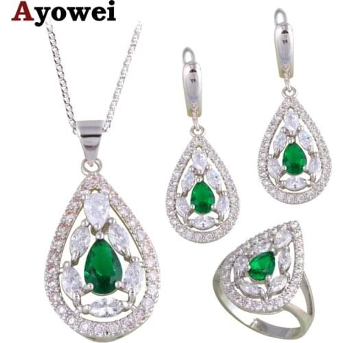 New Arrival Trendy Jewelry Sets Earrings Pendant Necklace Rings Green Zircon Silver 925 Stamped for Women JS682A