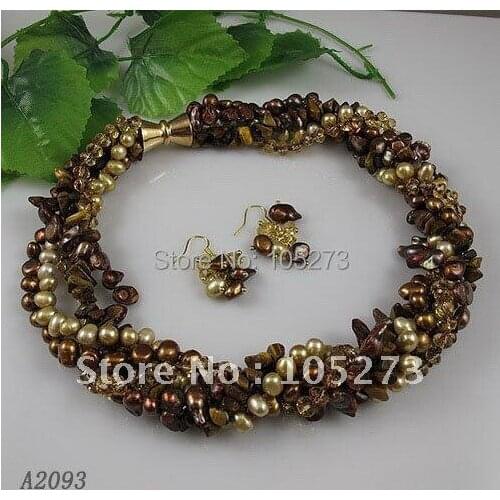 Wholesale Elegant jewelry set Brown crystal fresh water pearl necklace earring magnet clasp 5rows free shipping A2093a