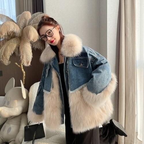 Winter 2021 Fashion Cowboy Stitching Imitation Fox Fur Young Coat Womens Medium And Long Imitation Fur Coat