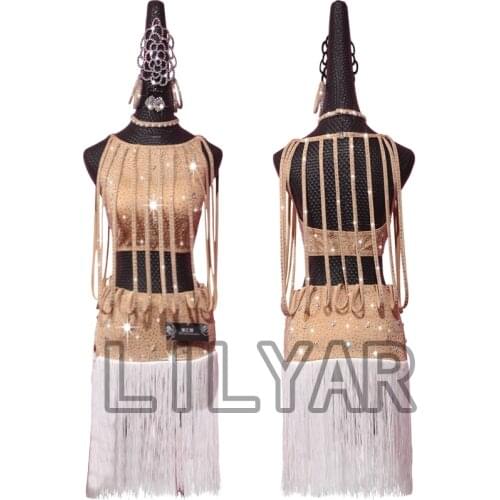 Latin Dance Dress Latin Skirt Competition Dress Costumes Performing Dress Rhinestones Customize Children Tassel Nude Skin Color