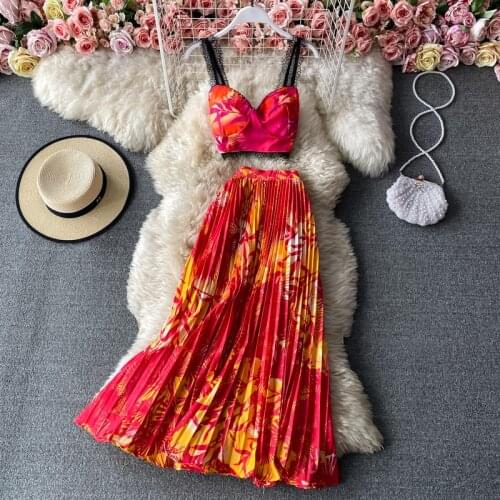 Womens spring summer runway fashion flower print slip dress female sexy pleated chic travel 2 pcs dress TB1426
