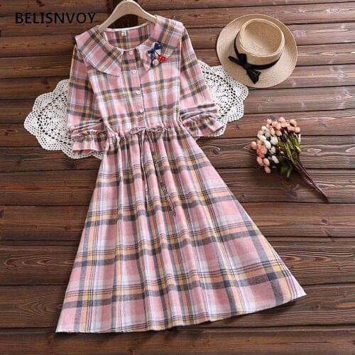 Japan Style Cute Kawaii Fashion Doll Collar Plaid Sweet Dress Arrival Flare Sleeve Women Vestidos Embroidery Vintage Dress