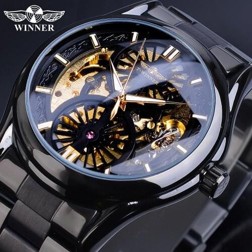 Winner Skeleton Watch 2019 New Sport Mechanical Gear Watches Montre Homme Black Steel Band Clock Mens Business Automatic Watches