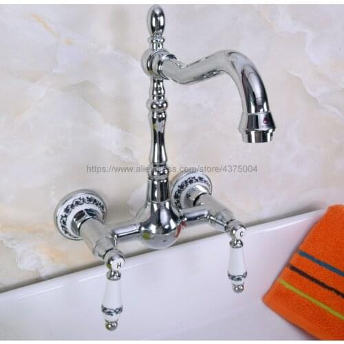 Polished Chrome Bathroom Basin Swivel Spout Faucet Wall Mounted Dual Ceramic Handles Vessel Sink Mixer Taps Nnf963