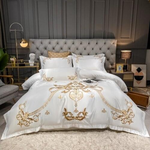 White Embroidery 60S Satin Washed Silk Bedding Set Cotton Duvet Cover Bed Linen Fitted Sheet Pillowcases Bedclothes King Queen