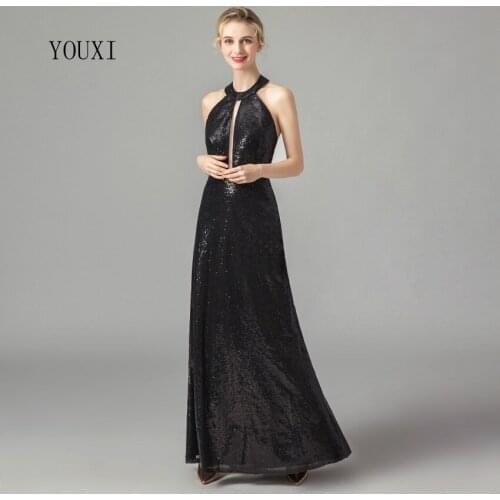 Sexy Halter Black Sequin Prom Dresses 2019 Backless Deep Cut Front Sequined Formal Party Gowns