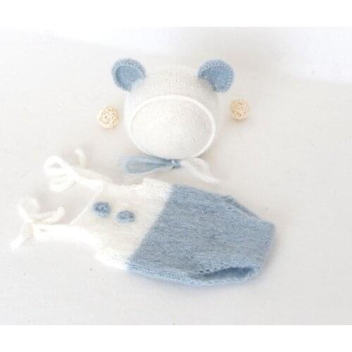 Mohair Lovely Teddy Bear Hat and Romper Newborn Bear Bonnet Props Baby Boy Outfit Overalls Infant Chunky Animal Hat Pants Set