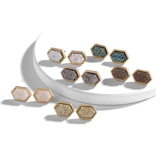YJX0126 Wholesale 6 pair Bijoux Framed Hexagon Oval Triangle Druzy Stud Earrings Chic Jewelry for Womens Gift Set