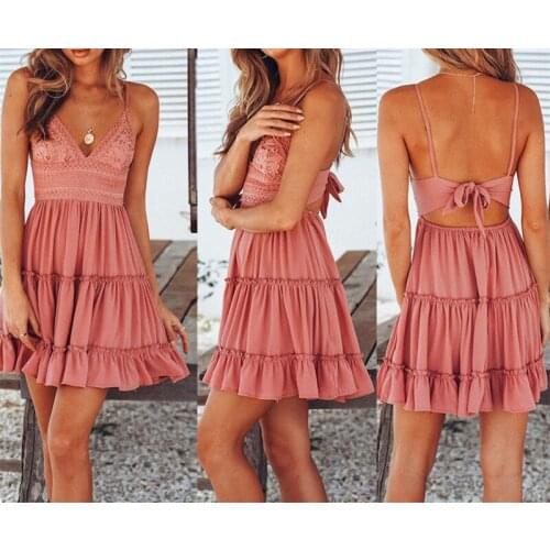 Womens Summer Boho Lace Patchwork V-Neck Draped Mini Dress Solid Straps Pleated Cuffs Backless Fit and Flare Dress