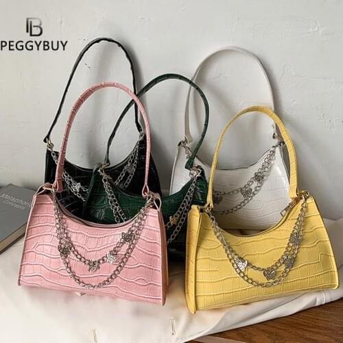 Womens Bag Alligator Pattern PU Leather Pure Color Shoulder Underarm Bag Casual Ladies Butterfly Chain Handbag Bolsa Feminina