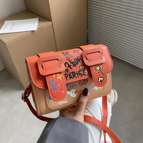 Women Bag Satchels PU Lock Fashion Shoulder Bags Pures and Bags Crossbody Graffiti bag Street Style