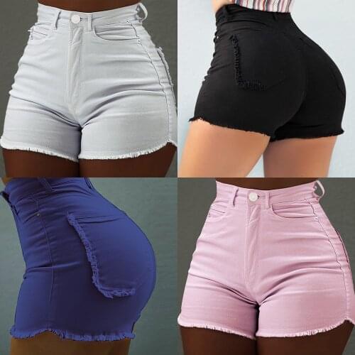High Waist Denim Shorts For Women Solid Color Bodycon Pocket Short Feminino Summer Shorts Jeans With Tassel