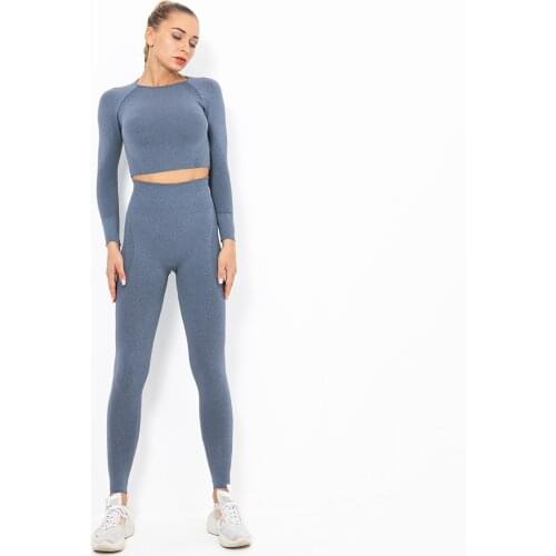 2 PCS Seamless Women Yoga Set Workout Sportswear Gym Clothing Fitness Long Sleeve Crop Top High Waist Leggings Sports Suits