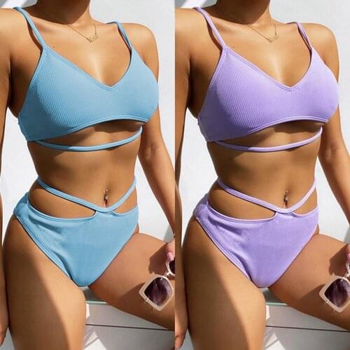 Female Bikini Set, Solid Color Two-Piece Bathing Suit V-Neck Sleeveless Crop Tops+ Bikini Panties, Purple/Sky Blue