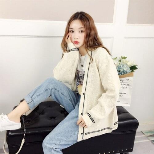 Sweater Woman 2019 Autumn New Pattern School Wind Hemp Flowers Edge Spelling Color Stripe Joker Knitting Cardigan Coat Woman