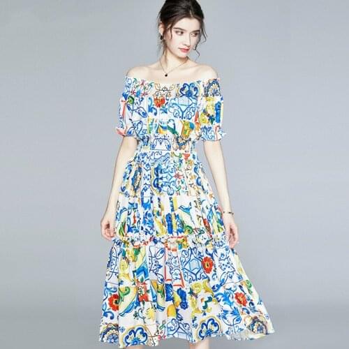 Bohemian Summer Blue And White Porcelain Print Flower Midi Dress Womens Off Shoulder Short Sleeve Elastic Waist Runway Dress