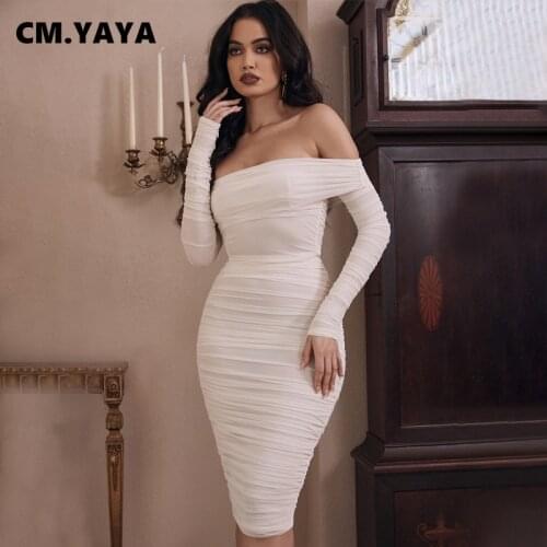 Women Winter Midi Dress Slash Neck Full Sleeve Solid Dress Club Night Sexy Draped Bandage Bodycon Dresses Vestidos GL1225