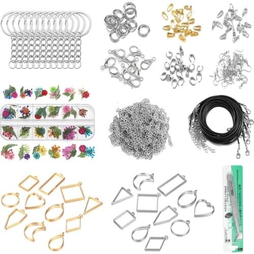 1Set Mixed Style Epoxy Resin Pendants Kits Hollow Glue Blank Pendant Base Sets Dried Flower for DIY Necklace Jewelry Making