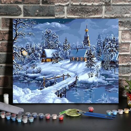 16 x 20 Inch DIY Oil Painting on Canvas Paint by Number Kit Cottage in Snow Beginner Craft Home Wall Decor Gift