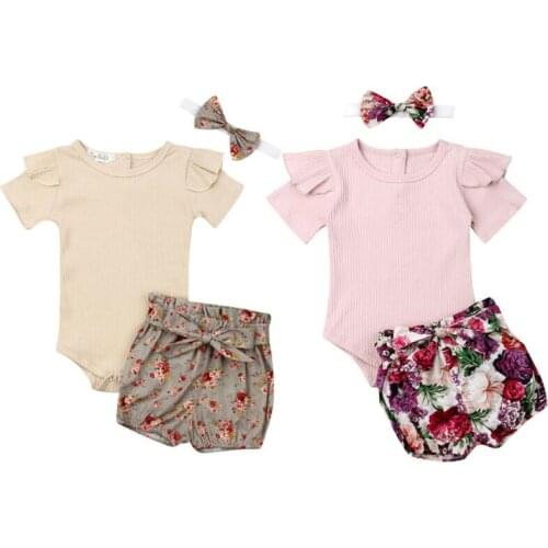 3Pcs Newborn Infant Baby Girl Summer Clothes Short Sleeve Ribbed Bodysuit+Floral Shorts Pants+Headband Outfits Set 0-18M