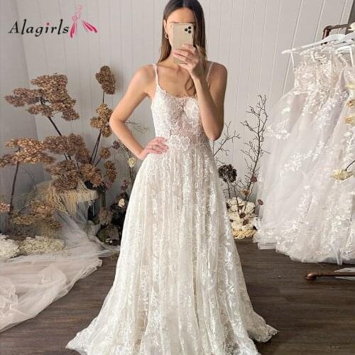 ALAGIRLS Ivory Lace Spaghetti Strap Wedding Dress 2021 Sheath Vestido de noiva Plus Size Custo Made Wedding Gown Bridal Dress