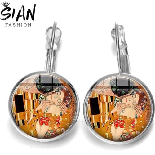 SIAN Famous Figure Painting French Hook Earrings Gustav Klimt The Kiss Picture Glass Round Earring Women Girl Favor Art Jewelry
