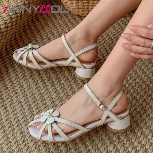 ANNYMOLI Shoes Women Real Leather Sandals Flower High Heel Shoes Square Toe Round Heel Ladies Footwear Summer White Size 34-43