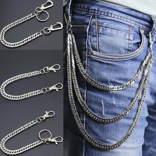 Diy Stainless Steel Long Metal Wallet Chain Leash Pant Jean Keychain Ring Clip Mens Hip Hop Flat Necklace Jewelry