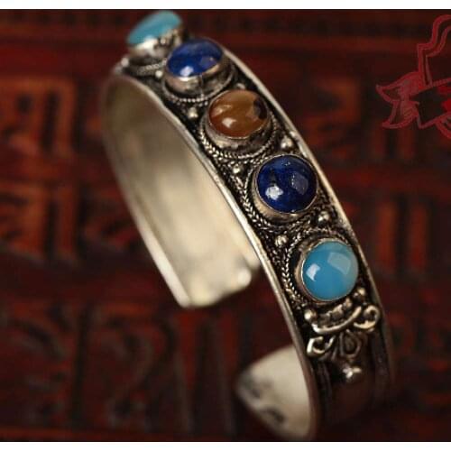 Hot sell new - free shipping Tibet silver inlaid lapis lazuli Turquoises filigree Amethysts handmade ethnic transfer bracelet