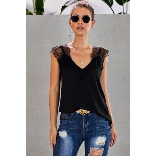 Heliar Solid Patchwork Lacing Top For Women 2021 Summer Black Sleeless Streetwear Female Vest