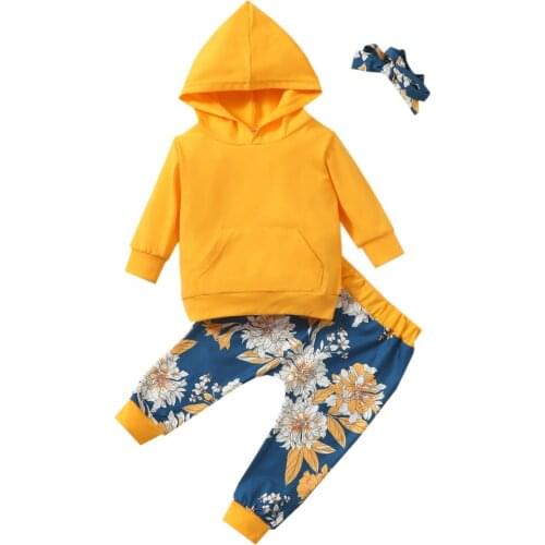 3 Pcs Baby Girl Cotton Pullover Set, Yellow Long Sleeve Hoodie with Big Pocket, Loose Floral Trousers, Flower Bow Headband