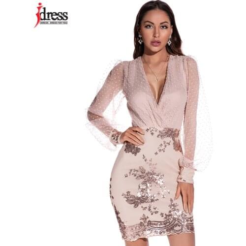 IDress Patchwork Mesh Bling Glitter Sequin Women Long Sleeve Mini Dress Sexy Bodycon Streetwear Transparent Party Clubwear Dress