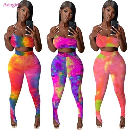 Adogirl Tie Dye Two Piece Set Sexy Sleeveless One Shoulder Tube Crop Top Skinny Pants Suit Fashion Summer Tracksuit New 2020