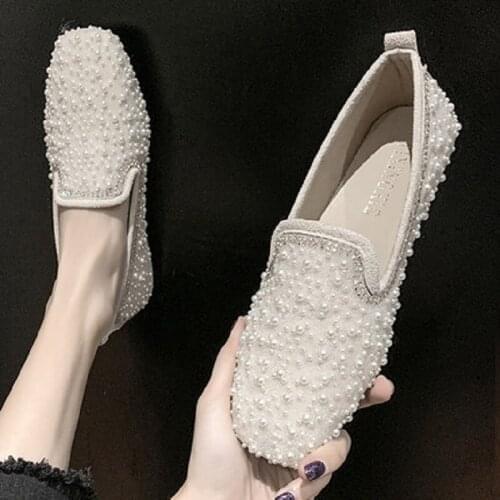 Trendy Flat Comfortable Rhinestone Ladies Small Leather Shoes Single Shoes Spring And Autumn New All-Match Boat Shoes