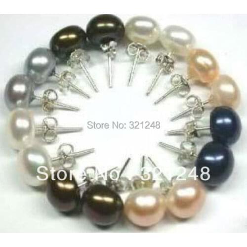 Natural 8 pairs 8 color 7-8mm cultured freshwater pearl beads stud earring high quality fashion women clothes jewelry GE5343