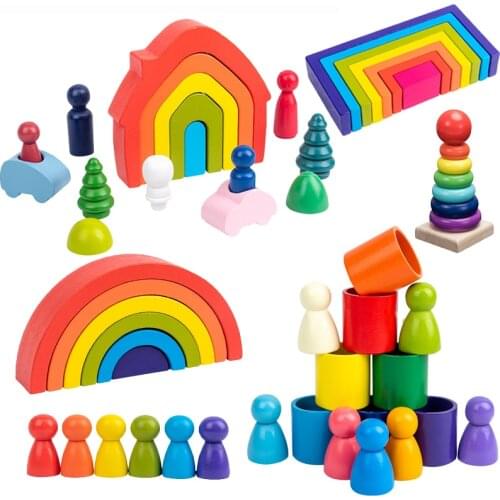 Montessori Educational Wooden Toys Rainbow Wooden Semicircle Building Blocks Rectangular Board House for Children Christmas gift