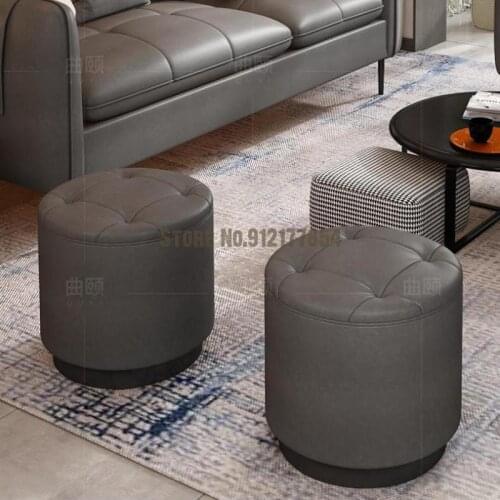 Light Luxury Italian Style Shoe Changing Stool Sofa Stool Household Leather Art Living Room Round Stool Solid Wood Low Stool