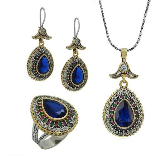 Sapphire Cubic Zirconia Hurrem Sultan Set Drop Silver Triple Lady Jewelry