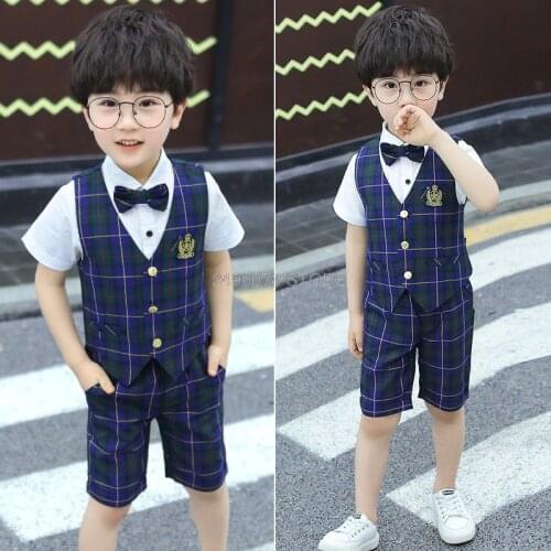 School Kids Summer Vest +Shorts 2Pcs Clothing Set Flower Boys Formal Birthday Tuxedo Dress School Kids Birthday Gift Dance Suit
